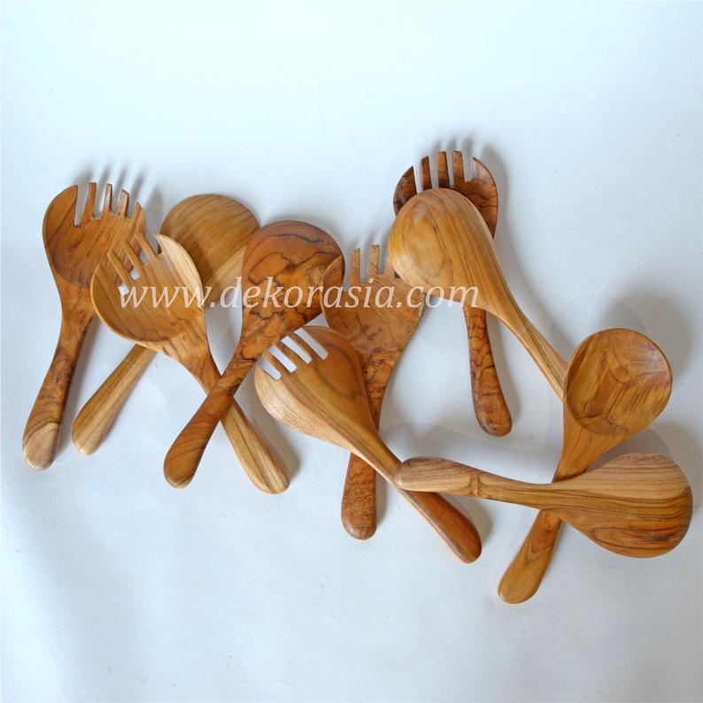 Teak Wooden Spoon and Spork - Round Type - Length 12.2 Inches 5 Spoon and Fork